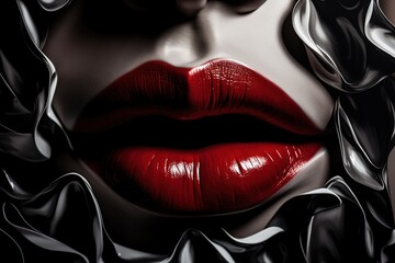 futuristic theme make up art photo of a red lip with silver fabric, Generative Ai