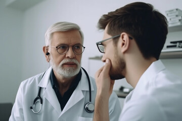 A doctor talks to a patient with a stethoscope on his neck. AI generation