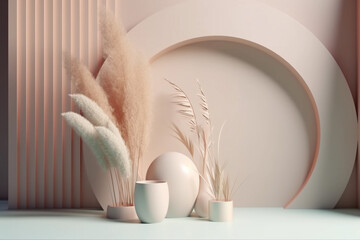 A pastel pink background with a white egg on a table. AI generation