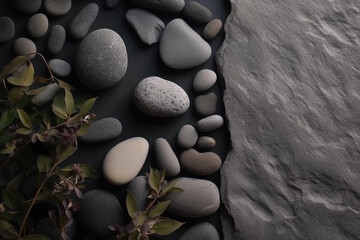A black background with rocks and plants on it. AI generation