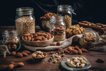 A table full of nuts and nuts including almonds, almonds, almonds, and almonds AI generation
