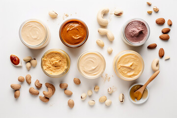 Processing nuts into vegan sauces and cheeses A variety of different flavors of peanut butter are on a white background. AI generation
