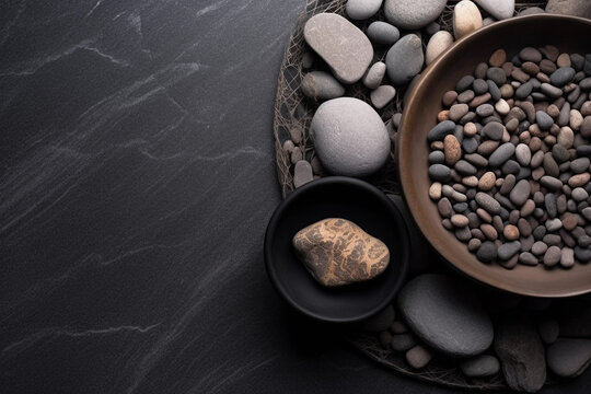 A bowl of stones and a bowl of water with a stone in the center. AI generation
