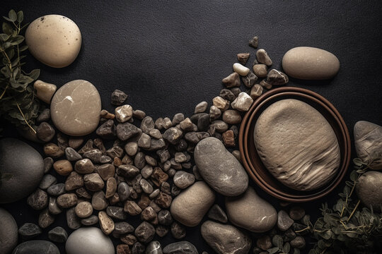 A bowl of pebbles and a pile of pebbles on a dark background AI generation