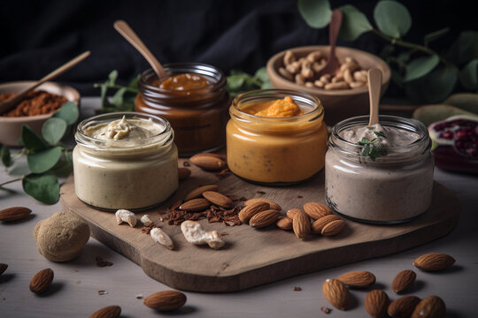 Processing nuts into vegan sauces and cheeses A variety of different flavors of almond butter are on a wooden board. AI generation