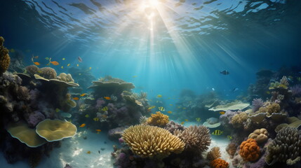 Naklejka na ściany i meble diving into a vibrant underwater world: exploring a colorful coral reef teeming with exotic fish, rays of sunlight filtering through the crystal clear waters. generative ai