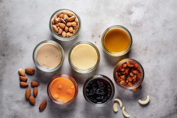 A variety of almond milk in small jars, including almonds, almonds, almonds, and almonds. AI generation