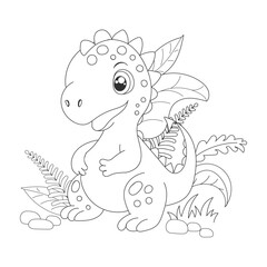 Hand-drawn cute baby dinosaur cartoon dino is sitting on leafy plant. Vector illustration for coloring book on white background.Drawing line contour. 