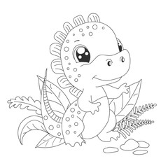 Hand-drawn cute baby dinosaur cartoon dino is sitting on leafy plant. Vector illustration for coloring book on white background.Drawing line contour. 