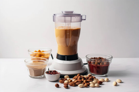 A blender with nuts and peanut butter on it AI generation