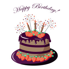 Birthday cake with candles and strawberries on white bakground. Copy space. Cartoon vector illustration for greeting card, print, poster.