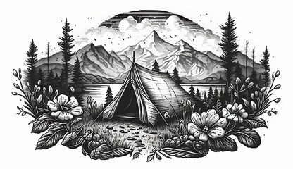 AI Generated. AI Geretative. Vintage Retro camping tent in engraving style. Adventure trip journy motivational poster. Can be used for decoration and inspiration. Graphic Art