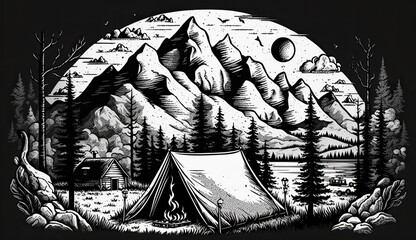 Naklejka premium AI Generated. AI Geretative. Vintage Retro camping tent in engraving style. Adventure trip journy motivational poster. Can be used for decoration and inspiration. Graphic Art
