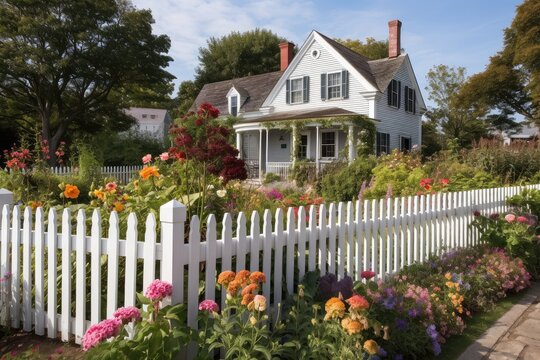 view of colorful garden surrounded by white picket fence in front of cape cod house, created with generative ai