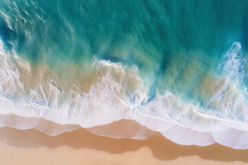 Ocean waves on the beach as a background. Beautiful natural summer vacation holidays background. Aerial top down view of beach and sea with blue water waves - obrazy, fototapety, plakaty