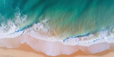 Foto op Canvas Ocean waves on the beach as a background. Beautiful natural summer vacation holidays background. Aerial top down view of beach and sea with blue water waves © Aquir