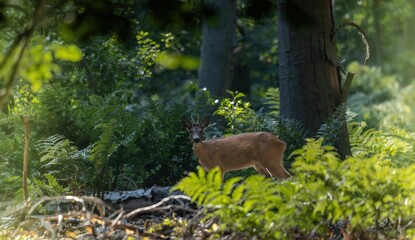 Roe deer wandering in the forest with sunlight