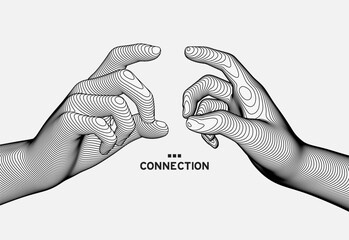 Fototapeta premium Two hands try to reach each other's fingers. Concept of human relation, togetherness or partnership. 3D vector illustration. Can be used for advertising, marketing or presentation.