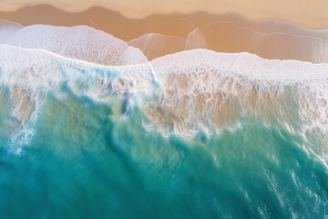 Naklejka na ściany i meble Ocean waves on the beach as a background. Beautiful natural summer vacation holidays background. Aerial top down view of beach and sea with blue water waves