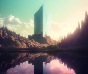 Reflective Monolith in Beautiful Landscape. Digitally generated AI image