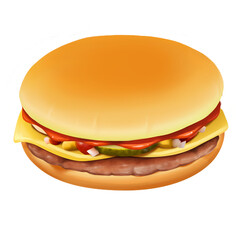 Cheese burger with beef, craft burger, cheese, vegetables and tomato, oil paint, digital paint, on white background. Street food, take-away, take-out. Fast food hand drawn digital illustration.