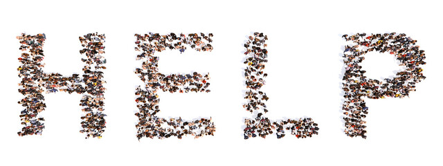 Concept  conceptual large community of people forming HELP slogan. 3d illustration metaphor for assistance, compassion, kindness and generosity, charity, volunteering and donation