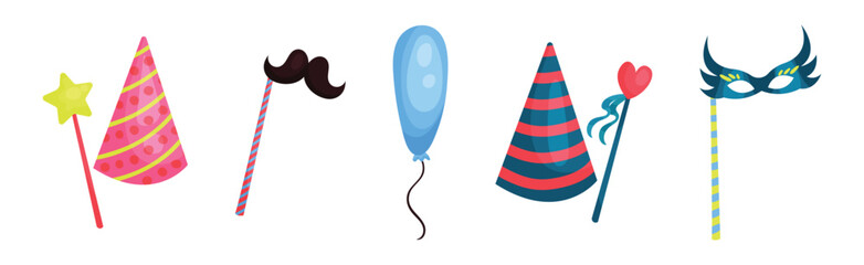 Cone Cap, Balloon and Mask as Birthday Celebration Symbol Vector Set