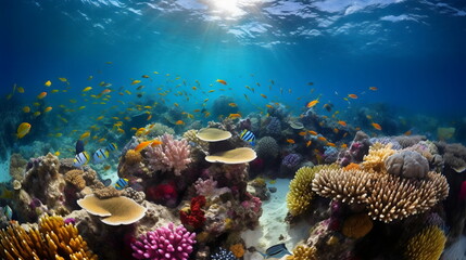 Fototapeta na wymiar diving into a vibrant underwater world: exploring a colorful coral reef teeming with exotic fish, rays of sunlight filtering through the crystal clear waters. generative ai