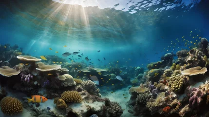 Foto op Aluminium diving into a vibrant underwater world: exploring a colorful coral reef teeming with exotic fish, rays of sunlight filtering through the crystal clear waters. generative ai © Akash
