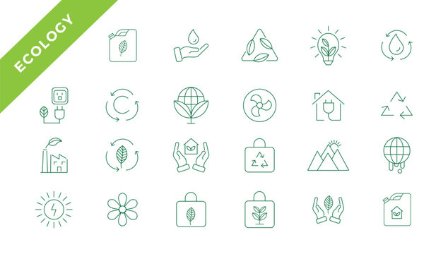  Ecology Line Icon Collection. Ecology And Nature Green Symbol. Nature Icon. Outline Nature Green Icons Set. Eco Green Icons - Stock Vector.