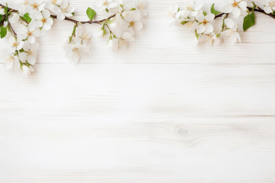 white wooden table with some cherry blossoms. Top view spring banner with plenty of copy space.
