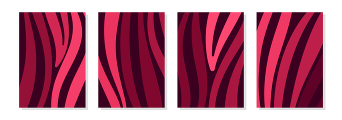 Set of abstract posters with striped organic shapes. Trendy magenta color. Vector template