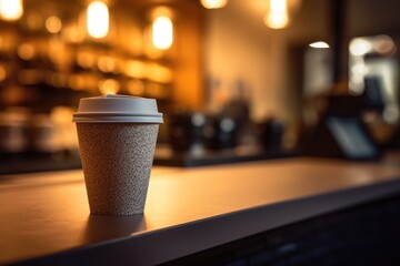 A reusable coffee cup sitting on a coffee shop counter table.
 - obrazy, fototapety, plakaty