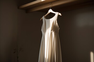 A photo of a dress made from organic cotton hanging on a hanger in a closet.
