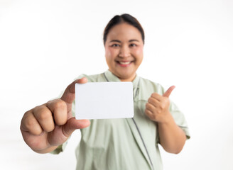 Close up hand hold blank white card mockup. Happy smiling asian women patient thump up on white background. Fat and overweight obese woman