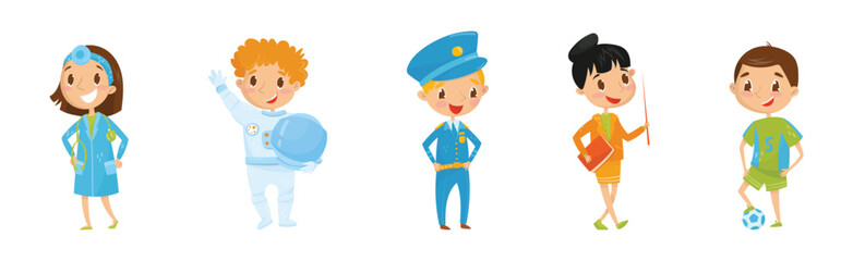 Kid Characters Wearing Different Profession Uniforms Vector Illustration Set