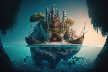 a surreal float island with a mysterious castle and an abandoned pirate ship, surrounded by crystal clear water., created with generative ai