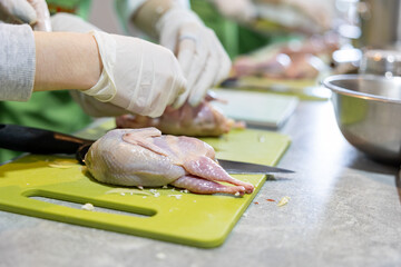 Uncooked quails on board and knife. The process of butchering a quail