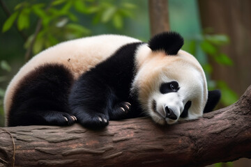 cute panda sleeping on a tree branch