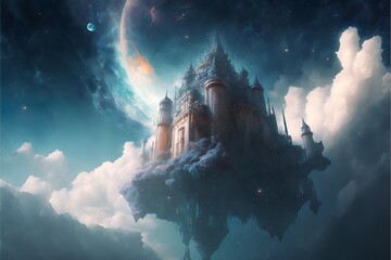 Fototapeta premium a wonderful picture of a dreamlike place, with a mountain, a castle, and a wonderful sky