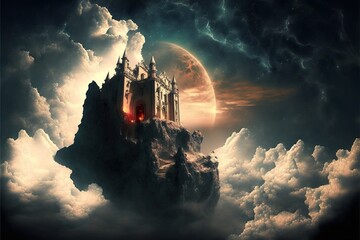 Fototapeta premium a wonderful picture of a dreamlike place, with a mountain, a castle, and a wonderful sky