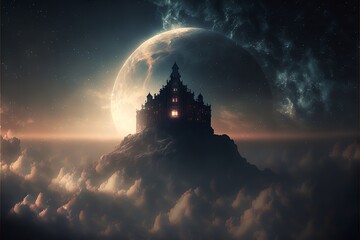 a wonderful picture of a dreamlike place, with a mountain, a castle, and a wonderful sky