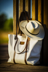 White tote bag with white hat hanging on wooden fence. Generative AI.