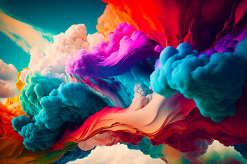 Multicolored cloud of liquid floating in the air with blue sky in the background. Generative AI.
