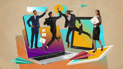 Successful deal and partnership. Employees, people on laptop symbolizing online cooperation and remote work. Success. Contemporary art collage. Concept of business, career development. Creative design