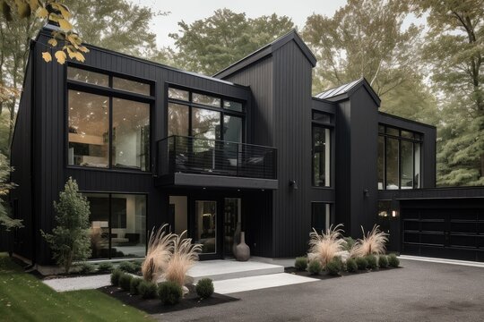 modern cape cod house with contemporary exterior, featuring black metal and glass accents, created with generative ai