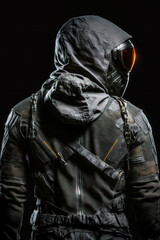 Fototapeta na wymiar Man in black jacket with hoodie and helmet on. Generative AI.