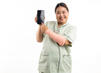 Female patient show and point mobile phone. Happy smiling asian women patient on white background. Fat and overweight obese woman. online doctor