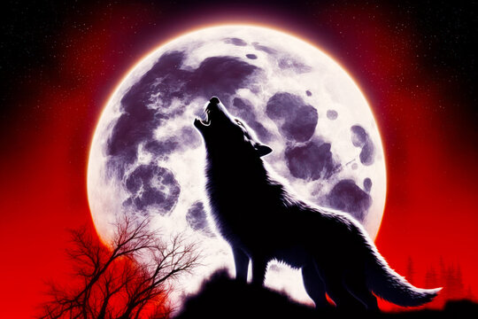 Wolf standing on top of hill in front of full moon. Generative AI.