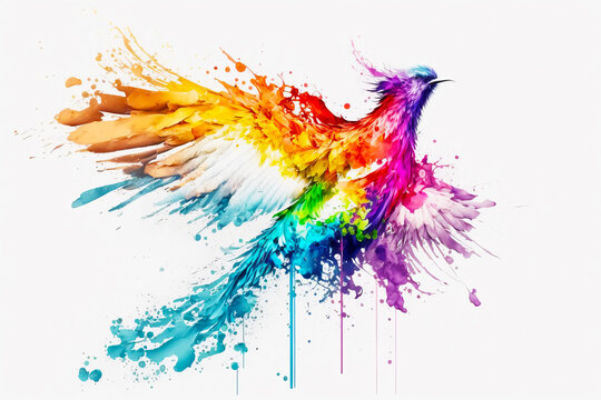 Colorful bird painted in watercolors on white background with splatters. Generative AI.